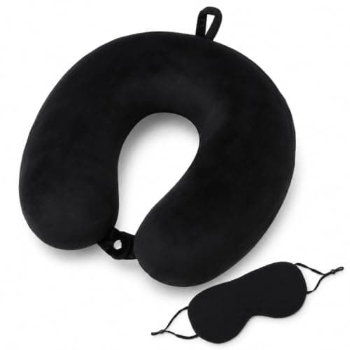 RAINFLOW Travel Neck Pillow Set - Black Memory Foam Cushion with Eye Mask