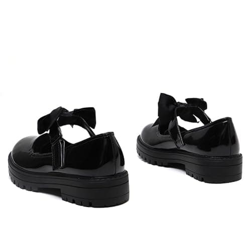 Gizelle® Girls Patent Black Mary Jane School Shoes with Detachable Bow On Strap - Toddler Kids Back to School Comfortable Anti-Slip Uniform Flat Shoes UK-8uk — view 5
