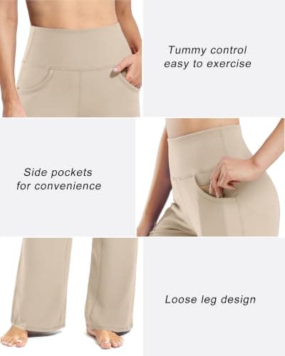 Promover Yoga Pants for Women with Pockets Wide Leg Trousers for Women UK Stretch Work Tracksuit Bottoms Joggers Causal Lounge Tummy Control Pants(Light Khaki,M,Tall) — view 4