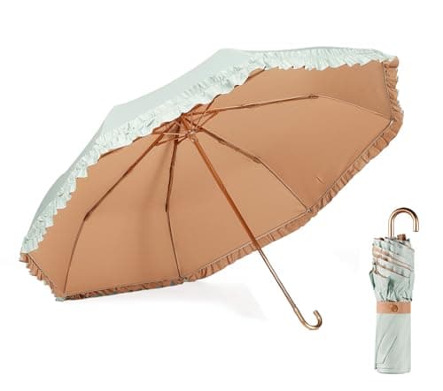 LCY Floral Edge Folding Umbrella Anti-UV Parasol with Hook Handle Sunproof Rainproof & Windproof Umbrella-Light Green&Khaki