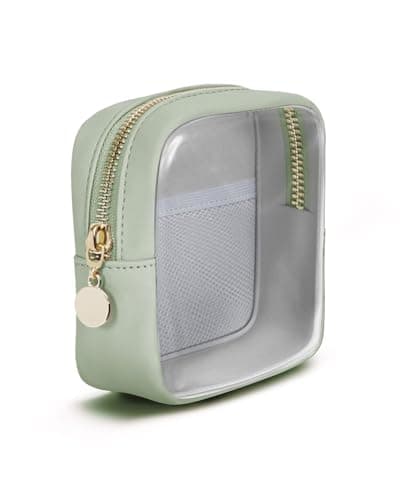 Clear Makeup Bag for Handbag, Mini Make Up Bag for Purse, Small Makeup Pouch for Women, Small Cosmetic Bag with Slip-in Pockets Eco Vegan Leather, Green (Patent Pending)