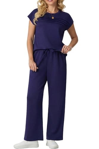 GRECERELLE Two Piece Outfits Women Summer Travel Vacation Tracksuit Womens Full Set Short Sleeve Casual Crew Neck Cap Sleeve Front Plisse Matching Sets Wide Leg Pants (Navy Blue, L) — view 2