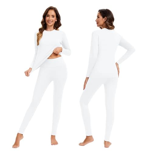 AMZSPORT Women's Thermal Underwear Set, Long Johns Fleece Base Layer, Winter Warm Long Sleeve Top & Soft Leggings for Ladies White M