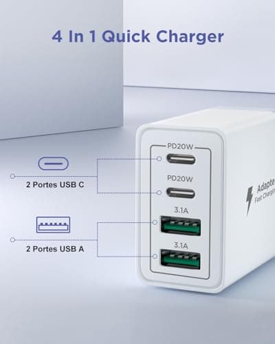 USB C Plug, 40W 4-Port Fast Charger Plug UK With USBC to USB C 2M, Multi USB Charger Dual Port PD Power Adapter +QC Wall Charger Multiport Mains Type C Charging for iPhone, Samsung, iPad — view 3