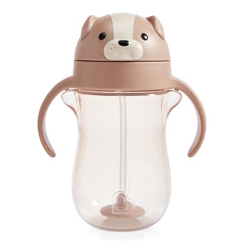 Munchkin Any Angle Spill Proof Weighted Straw Trainer Cup | Transition Sippy Cups for Toddlers and Babies | Click Lock Technology & Fun Animal Design | Baby led Weaning | 296ml | Dog