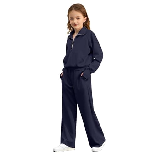 DFSDJEUW wide leg travel set Girls Tracksuit Quarter Zipper Set Kids 2 Piece Long Sleeve Sweatshirts and Loose Sweatpants Sport Outfit Spring Autumn Jogging Pants Activewear girls outfits 11-12 years — view 3