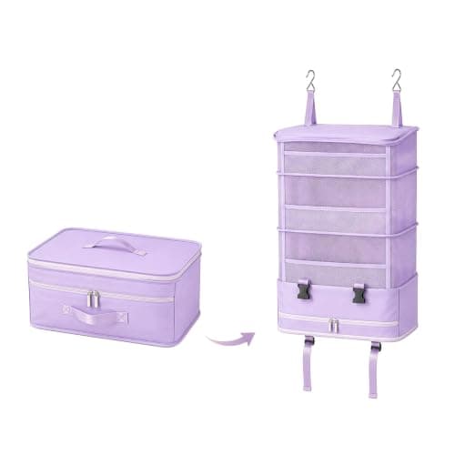 FERNVALE Hanging Travel Storage Bag 5-Layer Large Capacity Foldable Suitcase Organizer Portable Hanging Toiletry Bag with Steel Frame Heavy Duty Closet Wardrobe Storage for Home Hotel & Dorm (Purple)