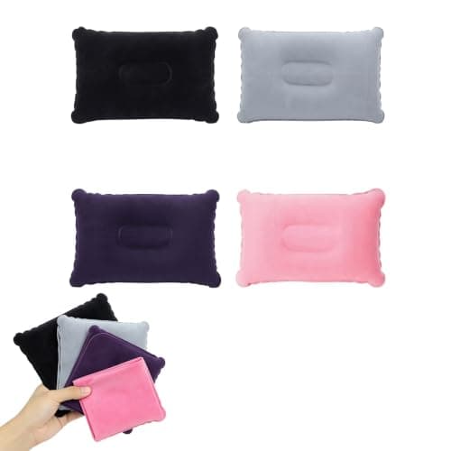 Valicaer 4 Pack Inflatable Camping Pillows, Soft Flocked PVC Blow Up Pillows, 34x22cm Portable Travel Neck Support for Hiking, Beach, Office (Pink+Grey+Black+Navy Blue)