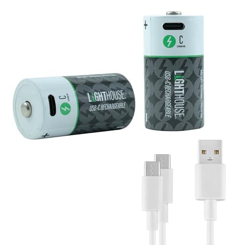 Lighthouse C Type USB-C Rechargeable Batteries Pack of 2 – 3000mAh Li-Ion 1.5V Battery Twin Pack with Fast 2.5h Charge, Up to 1200 Charge Cycles & Included Dual USB-A to USB-C Charging Cable