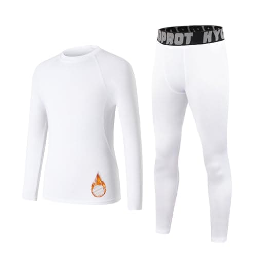 HYCOPROT Youth Boys Thermal Underwear Set Kids Long Johns Base Layer Fleece Lined Compression Shirt Leggings Pants Girls Thermals Winter Top and Bottom Sets Children's Warm Cold Weather Gear White