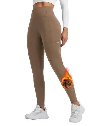 baleaf Women's Thermal Leggings Fleece Lined Winter Running Trousers High Waisted Warm Pants with Cross Pockets Tights for Hiking Brown L — view 2