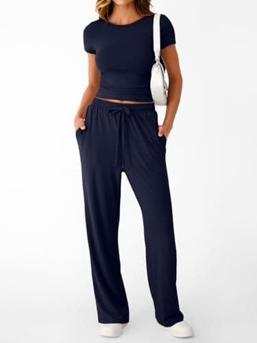 LILLUSORY 2 Piece Lounge Wear Sets for Women UK Vacation Travel Outfit Airport Casual Elastic Waisted Wide Leg Trousers Co Ord Sets Dressly Capsule Wardrobe Clothing 2026 Navy S — view 2