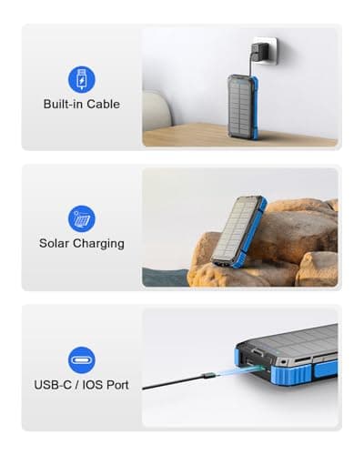 Solar Power Bank, 26800mAh Power Bank with 4 Built-in Cables, Portable Charger with USB-C Fast Charging, Qi Wireless Charging with LED Flashlights, for Cell Phones, Tablets, and Camping — view 6