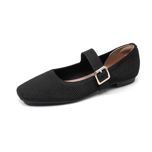Deehuion Mary Jane for Women Square Toe Knit Ballet Flats Ankle Strap Shoes