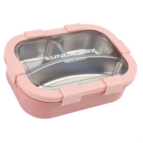 Stainless Steel Lunch Box With 3 Compartments, Leakproof Container With Secure Latches For School Work Travel, Dishwasher Safe Tray, Portable Meal Organizer For Adults And Kids(Pink) — view 4