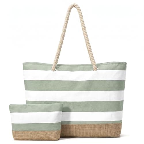 Kideerly Beach Bags for Women Large Tote Bag with Zip, Striped Canvas Beach Tote Bag with Rope Handles, Summer Holiday Pool Travel Shopping Bag