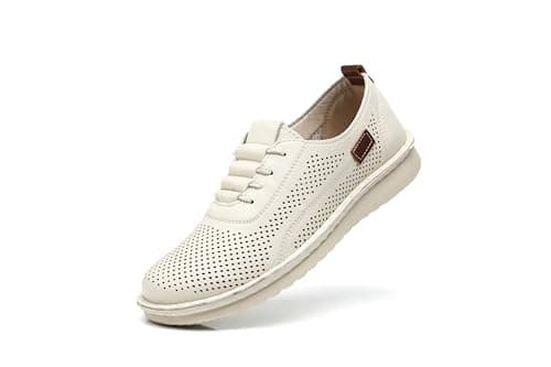 IVACHY Women's Comfort Walking Trainers, Breathable Perforated, Flat Platform Casual Work Shoes Beige — view 4