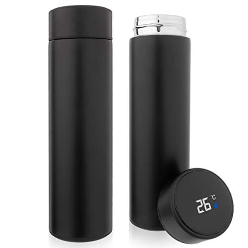 QiCheng&LYS 500ML Travel Mug with Temperature Display 304 Stainless Steel, Double Walled Vacuum Insulation Cup for Heat and Cold Water (Black)