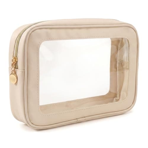 Clear Makeup Bag for Travel, Women Small Transparent Cosmetic Wash Toiletries Toiletry See Through White Flat Lay Skincare Organiser Make Up Bags, Emergency Kit Handbag for Girls School Cute Pouches