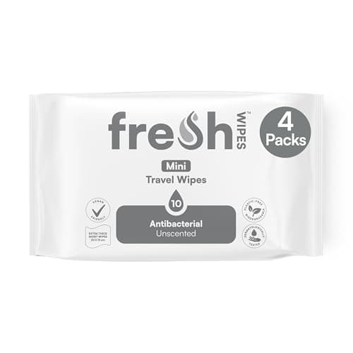 FreshWipes Mini Antibacterial Body Wipes for Adults 4 Pack (40 Wipes) - Biodegradable Wet-Wipes - Dermatologically Tested & Suitable for the Elderly or Disabled - Great for Camping (Unscented)