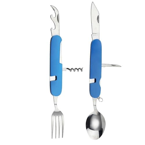 FUZVOL Folding Camping Cutlery Set Stainless Steel Portable Utensil 6 in 1 Multitool Outdoor Tableware for Travel, Hiking, Picnic (2 Pack), Blue+Red — view 6