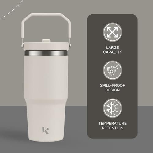 Kichna Grey Tumbler with Straw & Lid | Stainless Steel Double Wall Insulated Travel Mug with Carry Handle | Leak Proof Design Keeps Drink Hot or Cold | Perfect for Coffee, Water, Smoothies — view 4