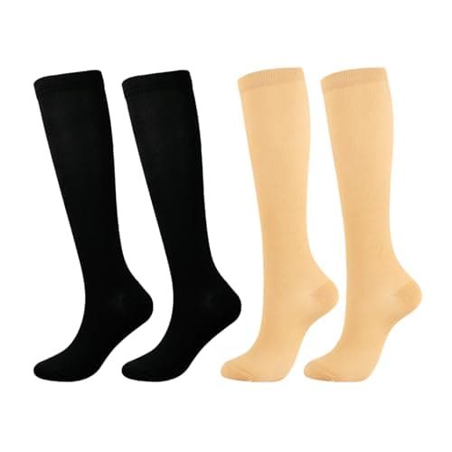 Compression Socks for Women & Men Travel Flight Compression Stocking Breathable Knee High Support Varicose Veins Socks for Athletic Running Maternity Pregnancy Nurses (Black+Skin, L/XL)