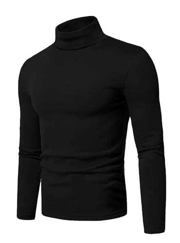 Hisir Men's Thermal Top, Long Sleeve Cotton Roll Neck Base Layer, Black, S