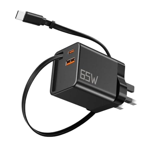 PowerTravel UK 65W USB C Charger, Retractable Cable, 3 in 1, GaN, 0.7m (Black)