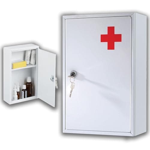 Buystarget Medicine Cabinet First Aid Storage Box Emergency Medical Locker Wall Mount Lockable Metal Case Box Home Office School Lab Kit Child Proof Safety Lock 2 Keys Fixings Included