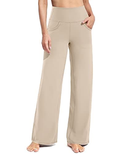 Promover Yoga Pants for Women with Pockets Wide Leg Trousers for Women UK Stretch Work Tracksuit Bottoms Joggers Causal Lounge Tummy Control Pants(Light Khaki,M,Petite)