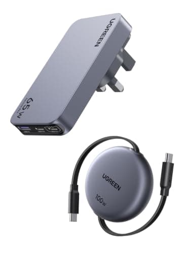 UGREEN 65W USB C Charger Nexode Pro 2C1A Travel Charger with UK/EU/US Plug with Retractable USB C to USB C Cable 100W 1M, Charging Kit for MacBook Pro/Air, iPhone 17/16, iPad Pro, Galaxy S26/S25