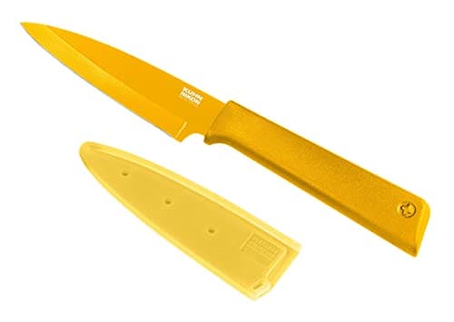 Kuhn Rikon Paring Knife for Fruit, Vegetables and Cheese, Japanese Stainless Steel Blade with Non-Stick Coating, Secure Grip Handle, Finger Guard and Safety Sheath, Yellow - Colori+