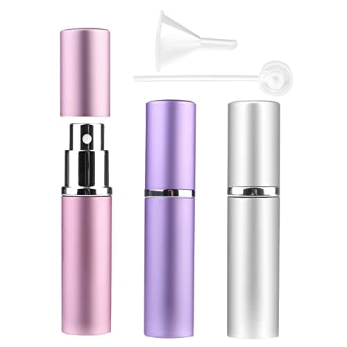Zingso Refillable Travel Perfume Atomiser Bottles, 3 Pcs 6ml, Mini Portable Spray Bottles for Perfume Aftershave, Empty Travel Bottles with Funnel (Pink+Silver+Purple)
