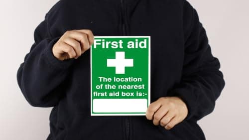 First aid the location of the nearest first aid box is - safety sign - 1.2mm Rigid plastic for indoor/outdoor usage (200mm x 150mm) Viewing Distance within 5m. — view 3