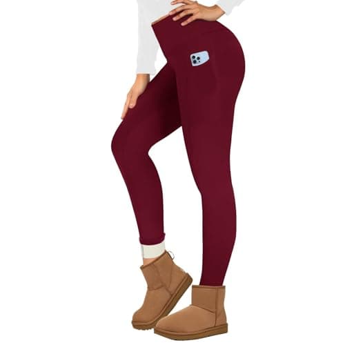 Missluck Fleece Lined Leggings Women UK with Pockets Thermal Leggings Womens High Waisted in Winter(Wine Red,M)