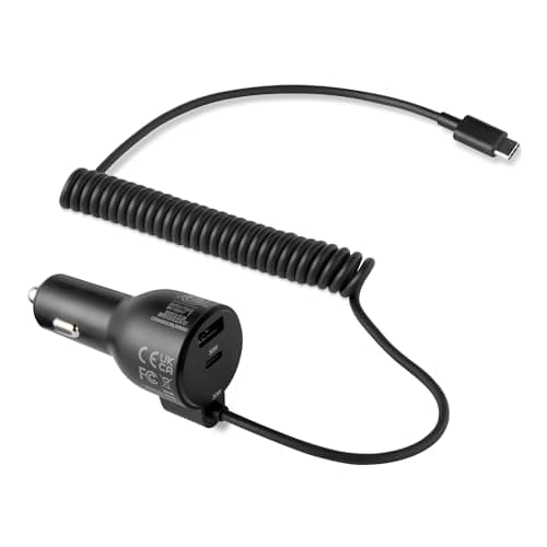 Amazon Basics Fast-Charging Car Charger for Phone and Tablet, 1 USB-C+1 USB-A +1 Built-in 1.5m Coiled Cable USB-C, 60w, Black