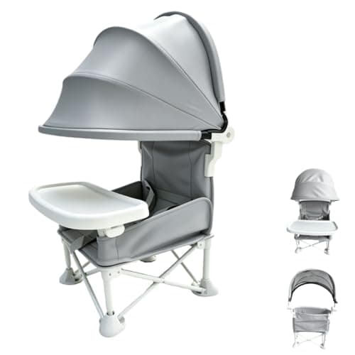 Foldable Baby Travel Seat Booster Feeding Chair for Children Toddlers Infants with Removable Tray & Detachable Sunshade – Toddler Dining Chair for Indoor/Outdoor, Travel, Feeding or Camping (Grey)