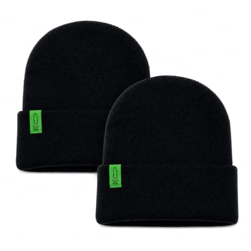 3CUBE Recycled Polyester Roll-Up Beanie Hats, Pack of 2, Unisex Winter Knitted Hats, Made from Recycled Plastic Bottles, One Size – Black, Navy and Royal Blue (Black)