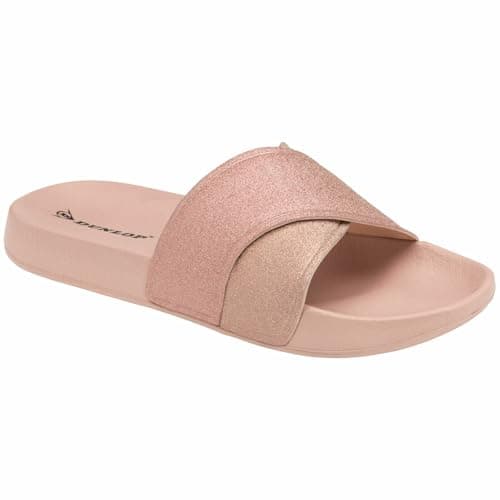 Dunlop Women Flip Flops Sandals – Comfy Toe Post T-Bar Sliders, Casual Flat Shoe Summer Holiday Beach Pool Slipper Open Back Mules - Rose Gold Shimmer Straps UK 6