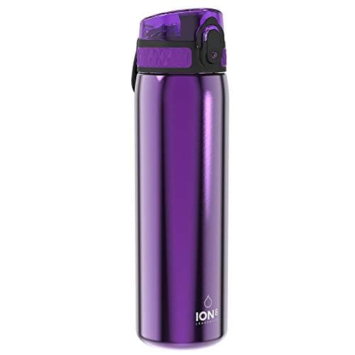 Ion8 Lightweight Steel Water Bottle, 600ml/20oz, Non-Insulated, Leak Proof, Easy to Open, Secure Lock, Dishwasher Safe, Flip Cover, Fits Cup Holders, Carry Handle, Metal Water Bottle, Metallic Purple — view 4