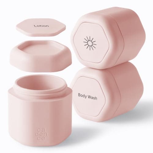 Cadence Travel Containers - Body Care Capsule Set - Magnetic Containers with Lids,Carry On Travel Essentials for Women/Men - 3 Flex Mediums (1.32oz) - Body Wash, Lotion & Sun Icon Labels - Petal
