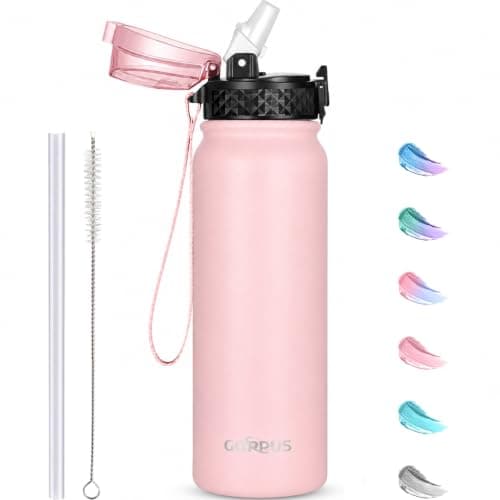 GOPPUS 600ml/20oz Stainless Water Bottle with Straw Double Wall Insulated Bottles with Strap One Hand Open Vacuum Thermal Flask with Flip Top Lid Leakproof Keep Cold Drinks BPA Free (Pink)