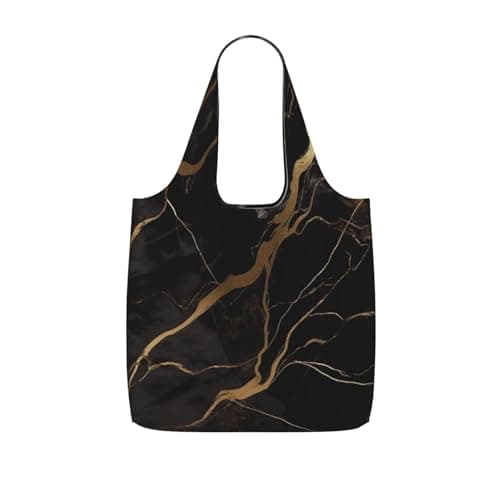 KKLWEGU Reusable Shopping Bags Lightweight Foldable Grocery Bags In Pocket,Washable Large Tote Bags Black Gold Marble Travel Shoulder Bag Gifts For Women Men