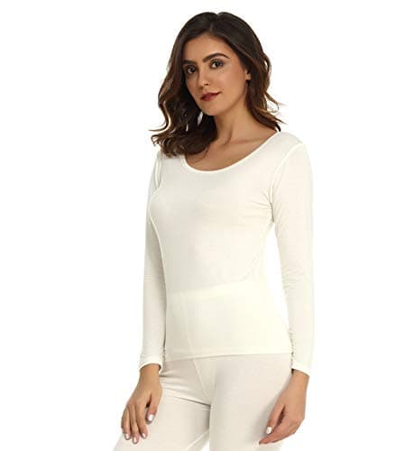 Mcilia Women's Ultrathin Modal Round Neck Long Sleeve Thermal Top/Shirt Off-White Medium (UK Size 12 14) — view 3