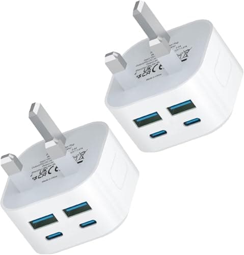 USB C Plug,2Pack 40W Fast Charger Plug 4-Port Multi USB Plug UK Charging Compatible with iPhone16/16 Pro 15 14 13 12 Pro Max Plus iPad,Multiport Wall Power Type C Mains Head