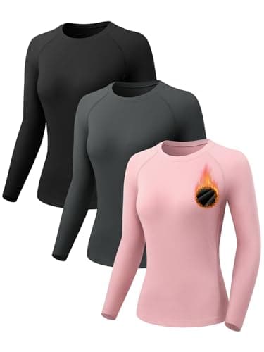 Orrfreer 3 Pack Thermal Base Layer Women Fleece Long Sleeve Compression Shirts Ladies Thermal Tops for Running Ski Hiking Black/Charcoal/Pink M