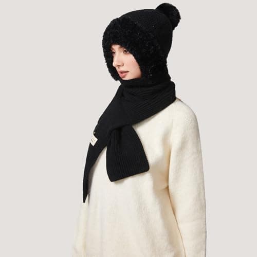 TAGVO Winter Slouch Knit Hat & Scarf Women, Multifunction Thermal Elastic Wooly Snood Hood Beanie Hat in Soft Fleece with Hairball, 2 in 1 Windproof Full Face Mask Neck Warmer Protection For Ladies — view 5