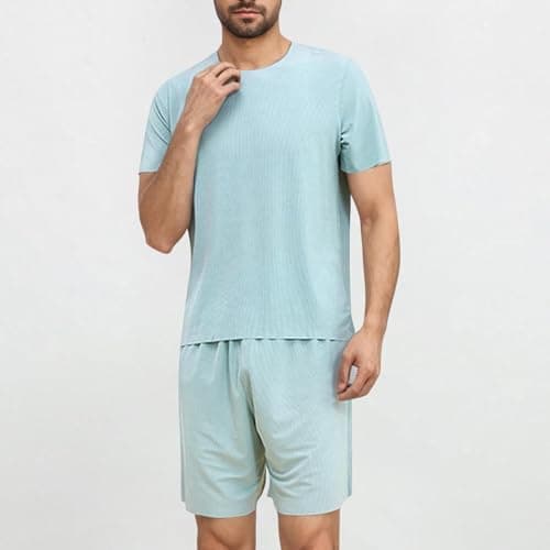 Mens Ice Silk Pajama Sets Cheap, Short Sleeve Pjs Loungewear and Shorts 2 Piece, Summer Sleepwear Soft Nightwear Round Neck Pyjamas Tops and Bottoms Outfits Solid Color Co ord Set for Casual Home — view 2