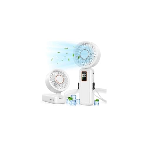 Handheld Fan, 5 Speed & 14H Cooling Portable Fan, 6000mAh USB Rechargeable Mini Fan with LED Display, Powerful but Quiet, Foldable Desk Fan, Lanyard for Neck Fan, Personal Fan for Travel/Office/Home